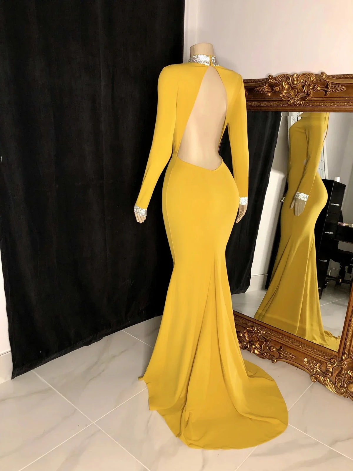 Mermaid Backless Long Sleeves High Neck Prom Party Dress With Train