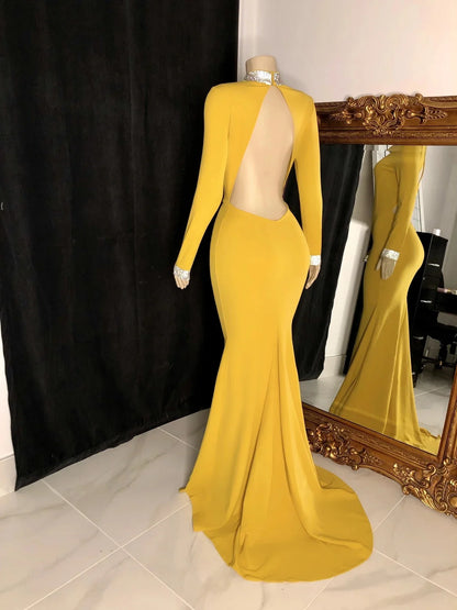 Mermaid Backless Long Sleeves High Neck Prom Party Dress With Train