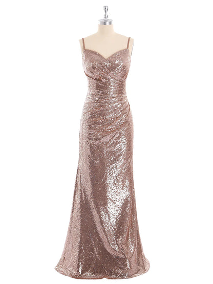 Mermaid Backless Spaghetti Strap Sequins Gown with Sweetheart Metallic Gold