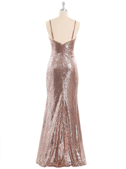 Mermaid Backless Spaghetti Strap Sequins Gown with Sweetheart Metallic Gold