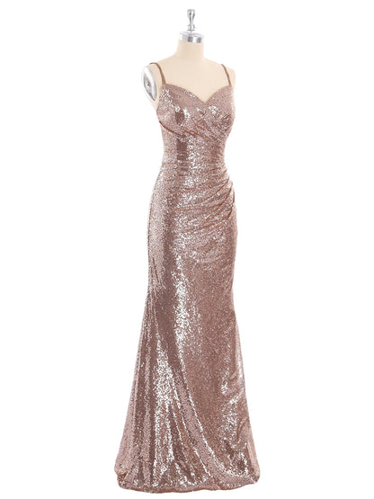 Mermaid Backless Spaghetti Strap Sequins Gown with Sweetheart Metallic Gold