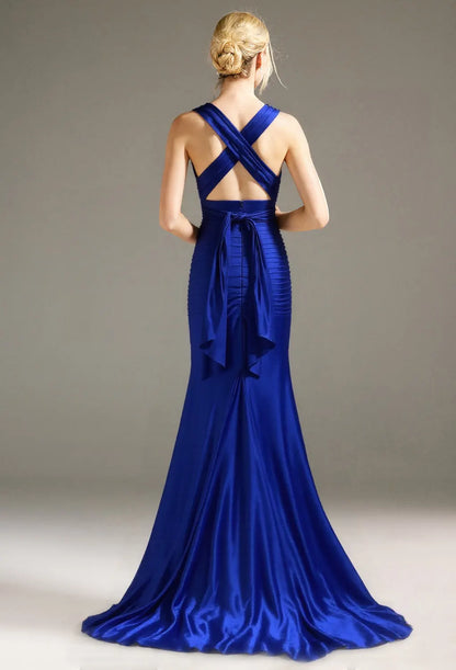 Mermaid Deep V-Neck Floor Length Prom Dresses Satin Sleeveless Pleat Backless Hot Sale Long Evening Dresses