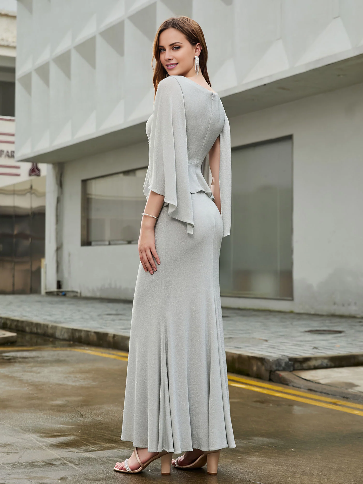 Mermaid Deep V-neck Ruffle Floor-length Dress with Flutter Sleeves Silver