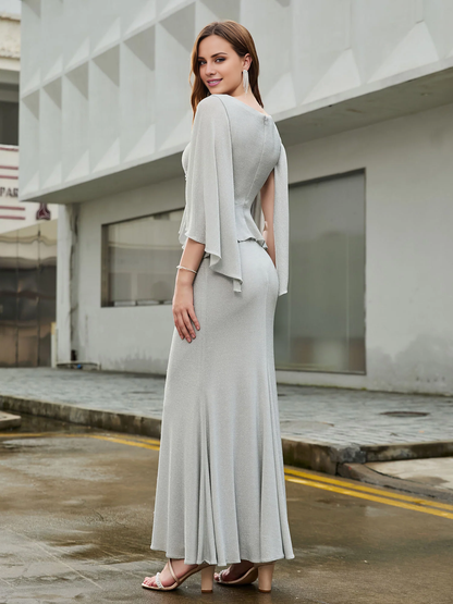 Mermaid Deep V-neck Ruffle Floor-length Dress with Flutter Sleeves Silver