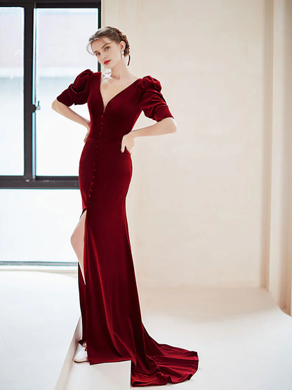Mermaid Deep V Neck Velvet Simple Floor Length Short Sleeves Prom Dress With Slit