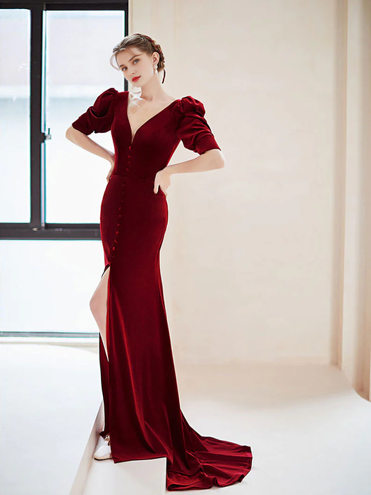 Mermaid Deep V Neck Velvet Simple Floor Length Short Sleeves Prom Dress With Slit