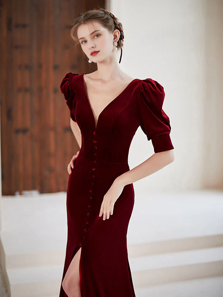 Mermaid Deep V Neck Velvet Simple Floor Length Short Sleeves Prom Dress With Slit