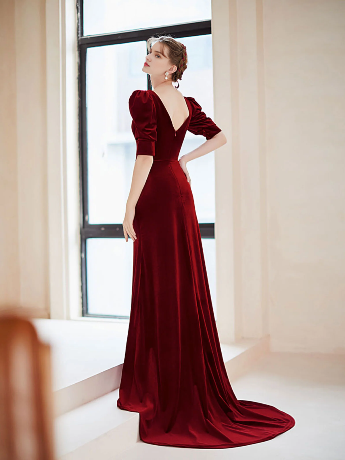 Mermaid Deep V Neck Velvet Simple Floor Length Short Sleeves Prom Dress With Slit