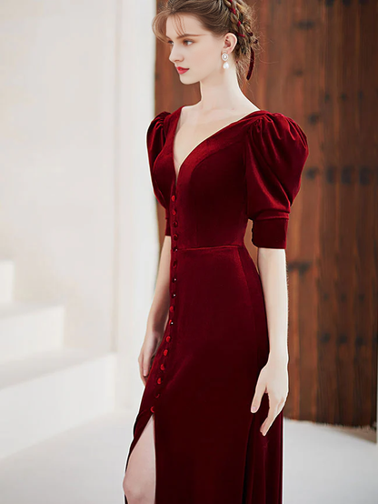 Mermaid Deep V Neck Velvet Simple Floor Length Short Sleeves Prom Dress With Slit