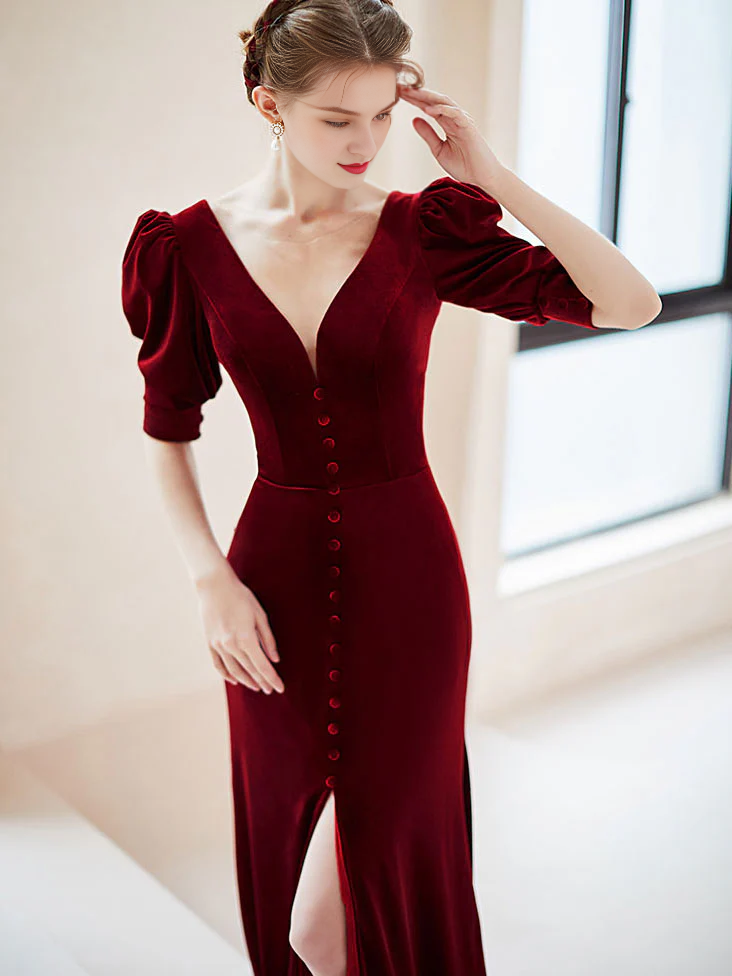 Mermaid Deep V Neck Velvet Simple Floor Length Short Sleeves Prom Dress With Slit