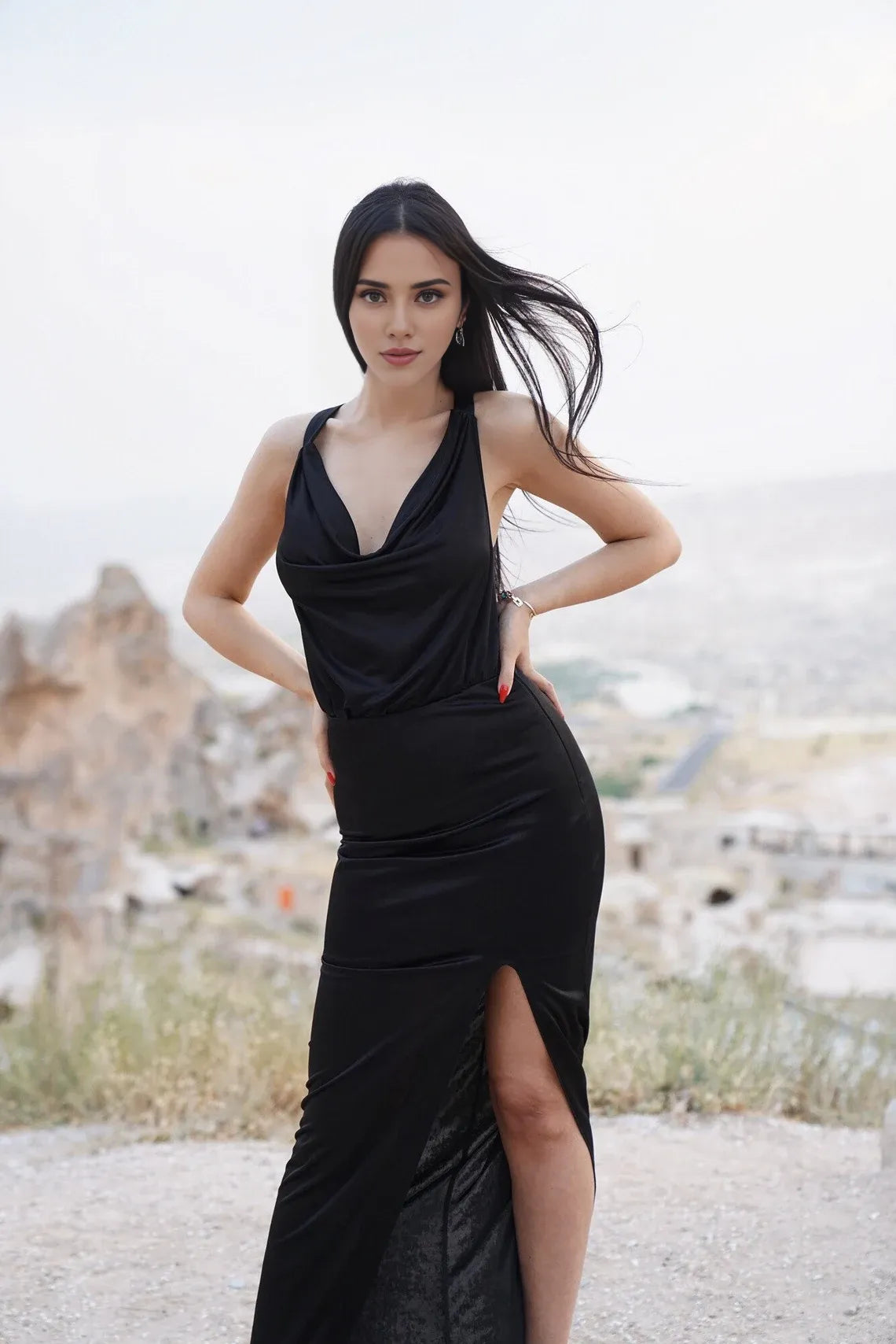 Mermaid Floor Length Cowl Halter Neck Black Satin Sleeveless Dress Long Slit Prom Cocktail Dress