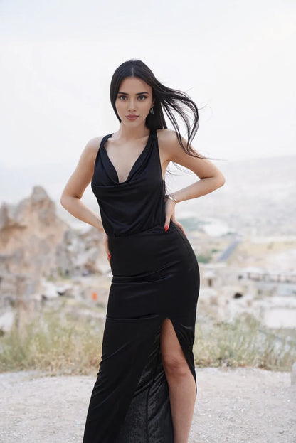 Mermaid Floor Length Cowl Halter Neck Black Satin Sleeveless Dress Long Slit Prom Cocktail Dress