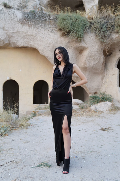 Mermaid Floor Length Cowl Halter Neck Black Satin Sleeveless Dress Long Slit Prom Cocktail Dress