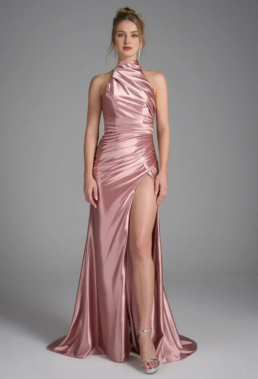 Mermaid Halter Neckline Elegant Floor Length Prom Clothes Satin Strapless Sleeveless Simple Strapless Prom Dresses for Women With Slit