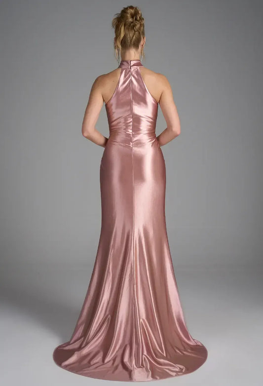 Mermaid Halter Neckline Elegant Floor Length Prom Clothes Satin Strapless Sleeveless Simple Strapless Prom Dresses for Women With Slit