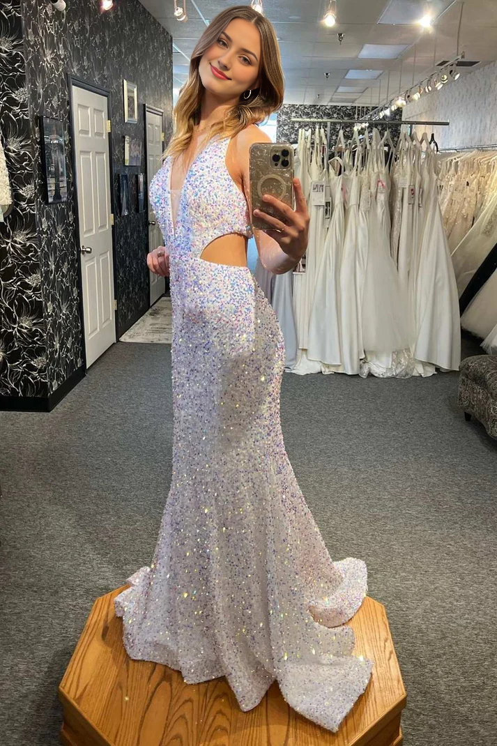 Mermaid Iridescent Sequin Halter Cutout Waist Floor Length Long Prom Dresses