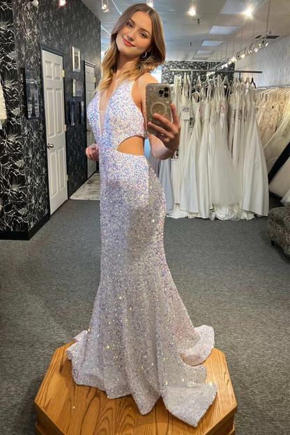 Mermaid Iridescent Sequin Halter Cutout Waist Floor Length Long Prom Dresses