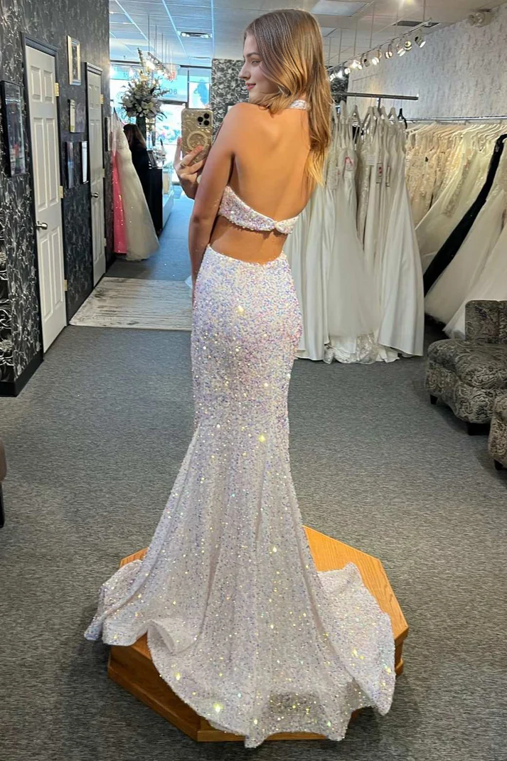 Mermaid Iridescent Sequin Halter Cutout Waist Floor Length Long Prom Dresses