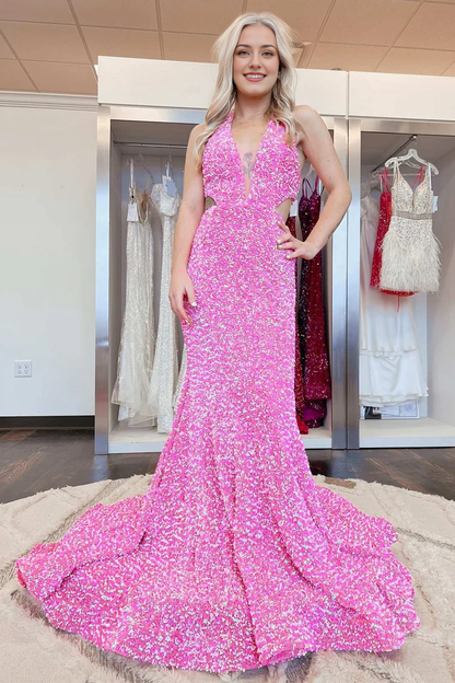 Mermaid Iridescent Sequin Halter Cutout Waist Floor Length Long Prom Dresses