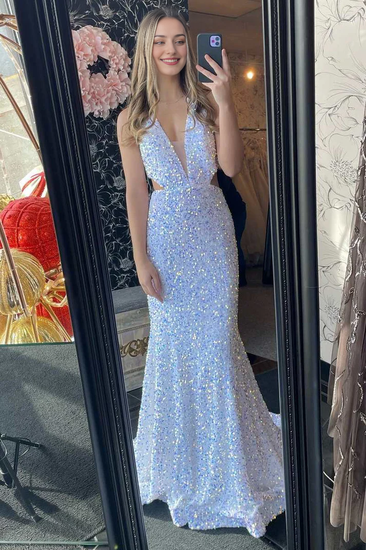 Mermaid Iridescent Sequin Halter Cutout Waist Floor Length Long Prom Dresses