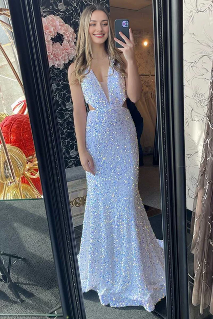 Mermaid Iridescent Sequin Halter Cutout Waist Floor Length Long Prom Dresses