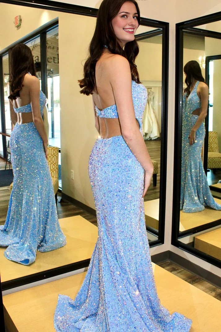 Mermaid Iridescent Sequin Halter Cutout Waist Floor Length Long Prom Dresses
