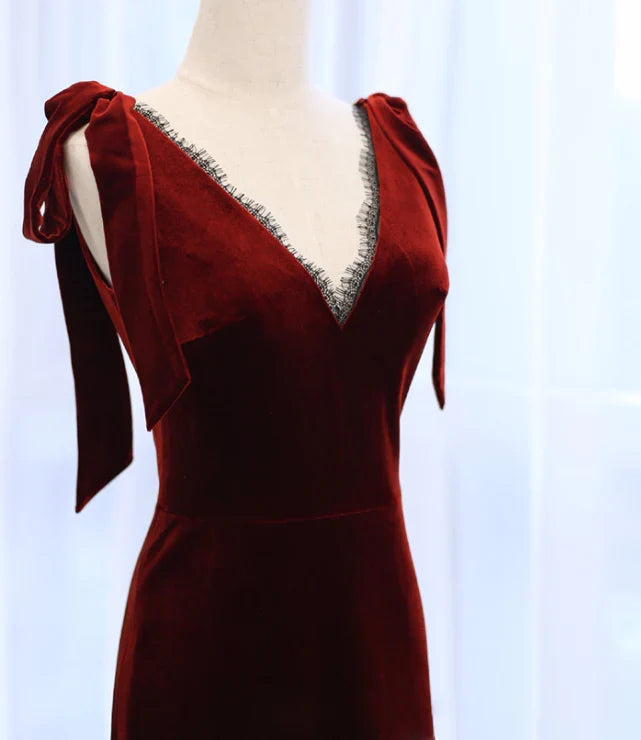 Formal Women's Dresses Red V Neck Velvet Mermaid Long Prom Dress Formal Party Dress Prom Dress Stores