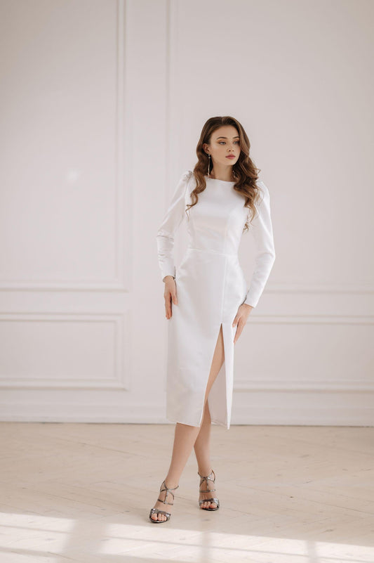 Mermaid Long Sleeves Elegant Round Neck Wedding Prom Party Dress Satin Tea Length