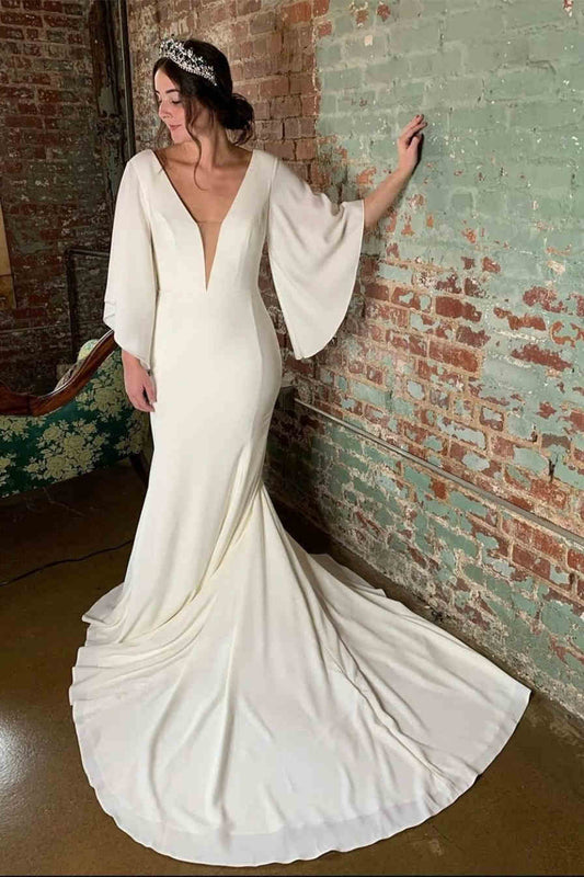 Mermaid Long V-Neck Puff Sleeves Beach Ivory Wedding Dress With Train
