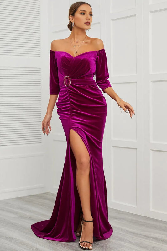 Mermaid Off the Shoulder Short Sleeve Prom Dress With Split Front