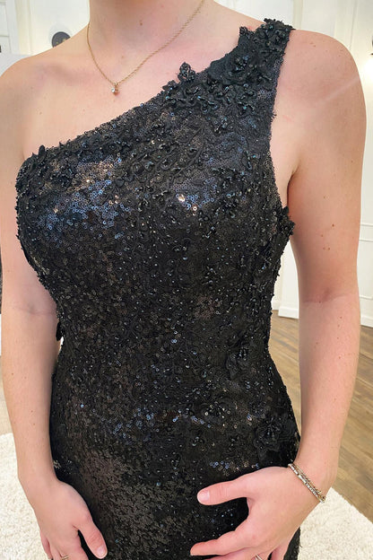 Mermaid One Shoulder Black Sequins Prom Dress With Split