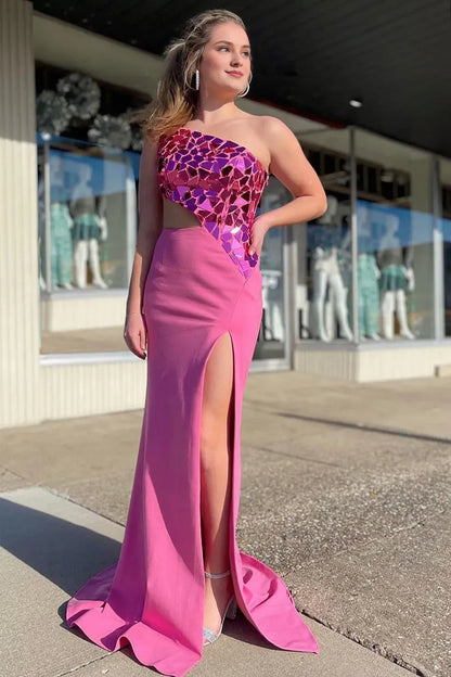 Mermaid One Shoulder Pink Cut Out Prom Dress With Split Front