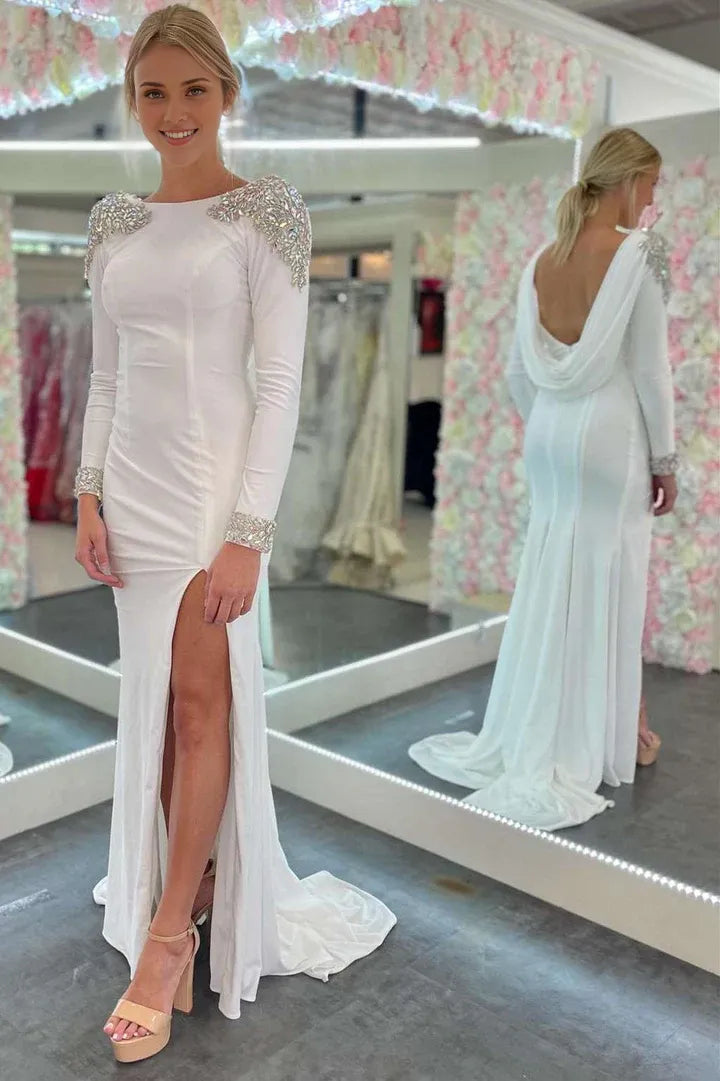 Mermaid Open Back Long Sleeve Beaded Formal Prom Dress with Slit