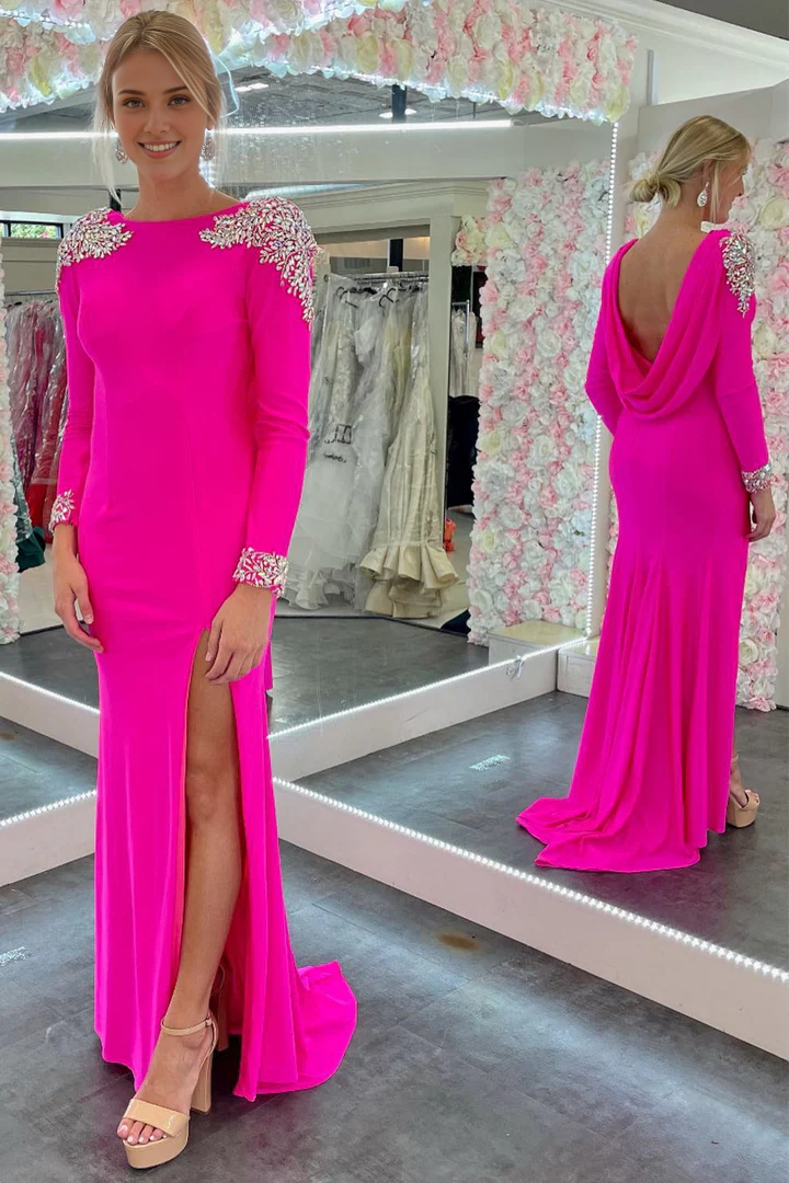 Mermaid Open Back Long Sleeve Beaded Formal Prom Dress with Slit