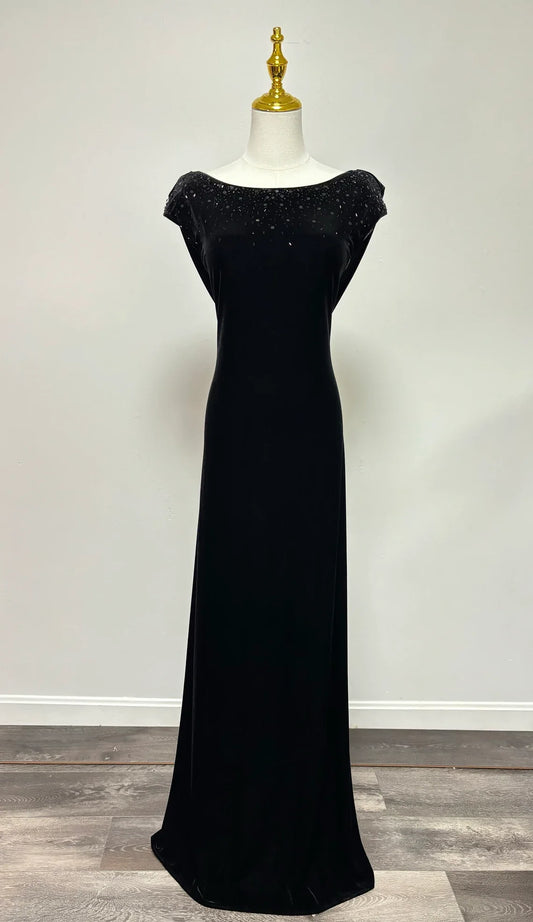 Mermaid Round Neck Velvet Beaded Cowl Back Sleeveless Floor Length Prom Dress