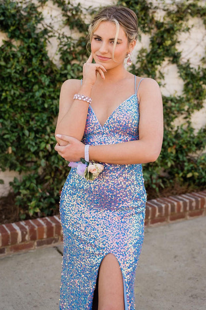 Mermaid Spaghetti Straps Light Blue Sequins Long Prom Dress with Split Front