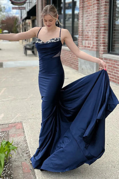 Mermaid Spaghetti Straps Navy Sleeveless Long Prom Dress with Sweep Train