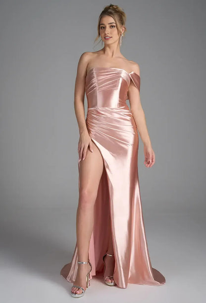 Mermaid Straight Neckline Elegant Floor Length Evening Dresses Satin Sleeveless Simple Strapless Simple Strapless Prom Dresses for Women
