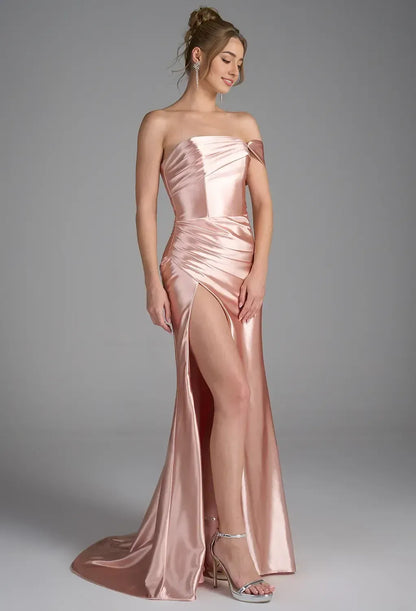 Mermaid Straight Neckline Elegant Floor Length Evening Dresses Satin Sleeveless Simple Strapless Simple Strapless Prom Dresses for Women