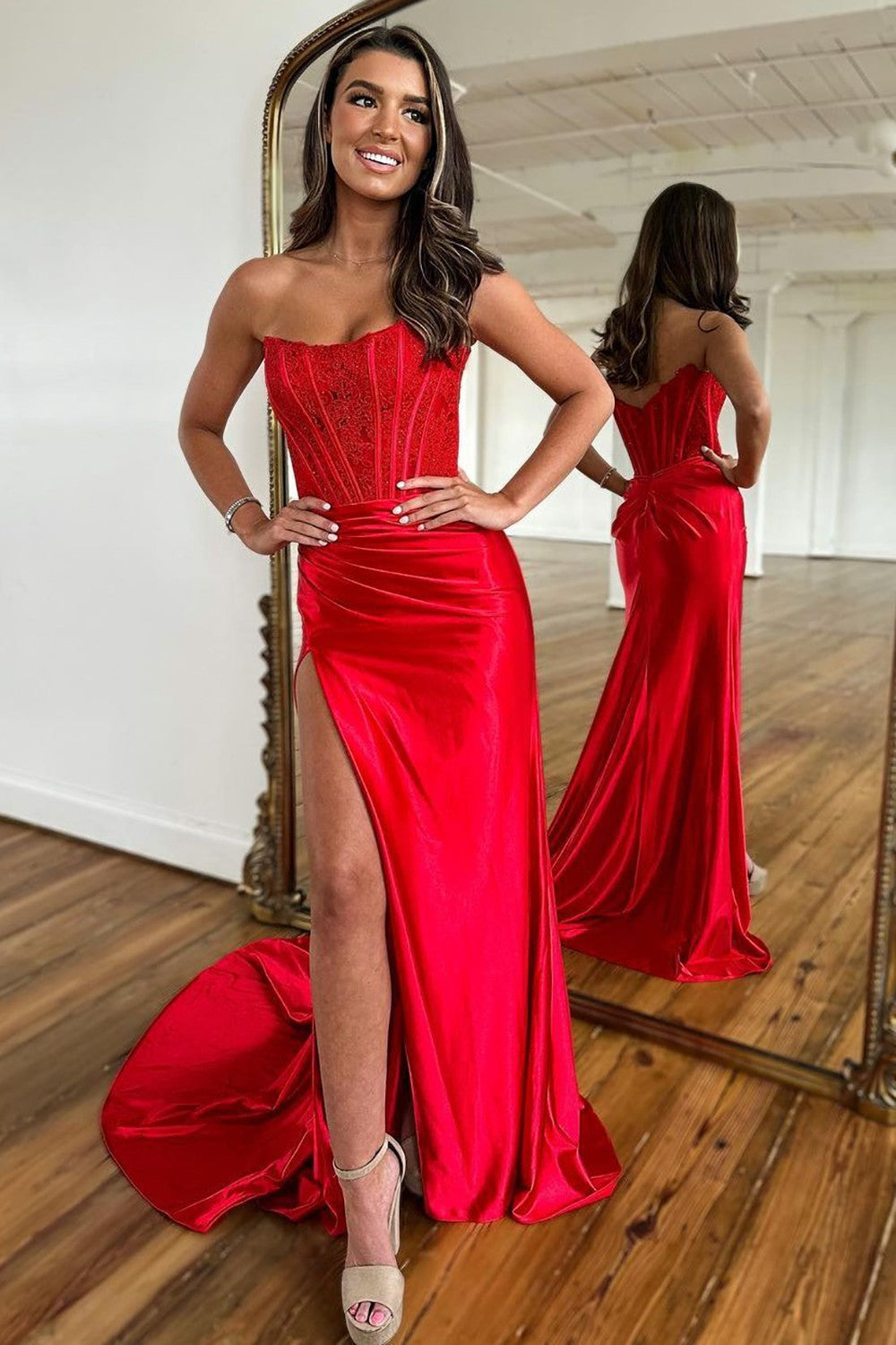 Mermaid Strapless Sweep Train Satin Prom Party Dress with Split