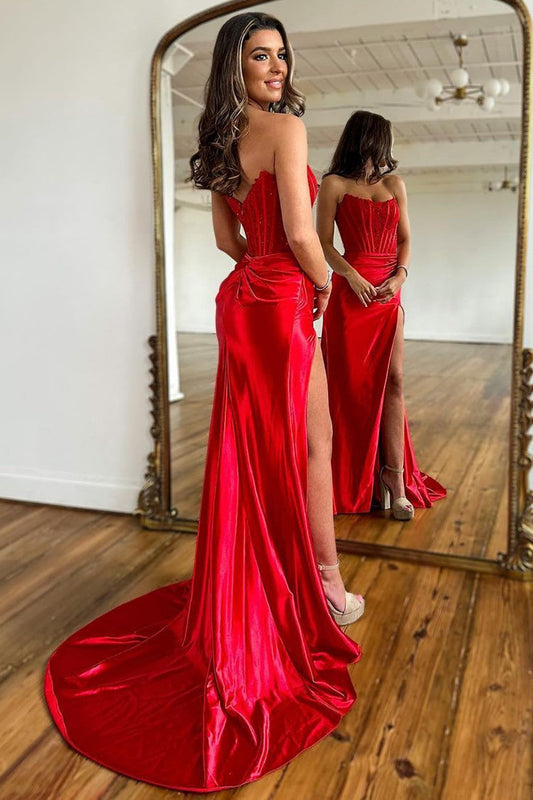 Mermaid Strapless Sweep Train Satin Prom Party Dress with Split