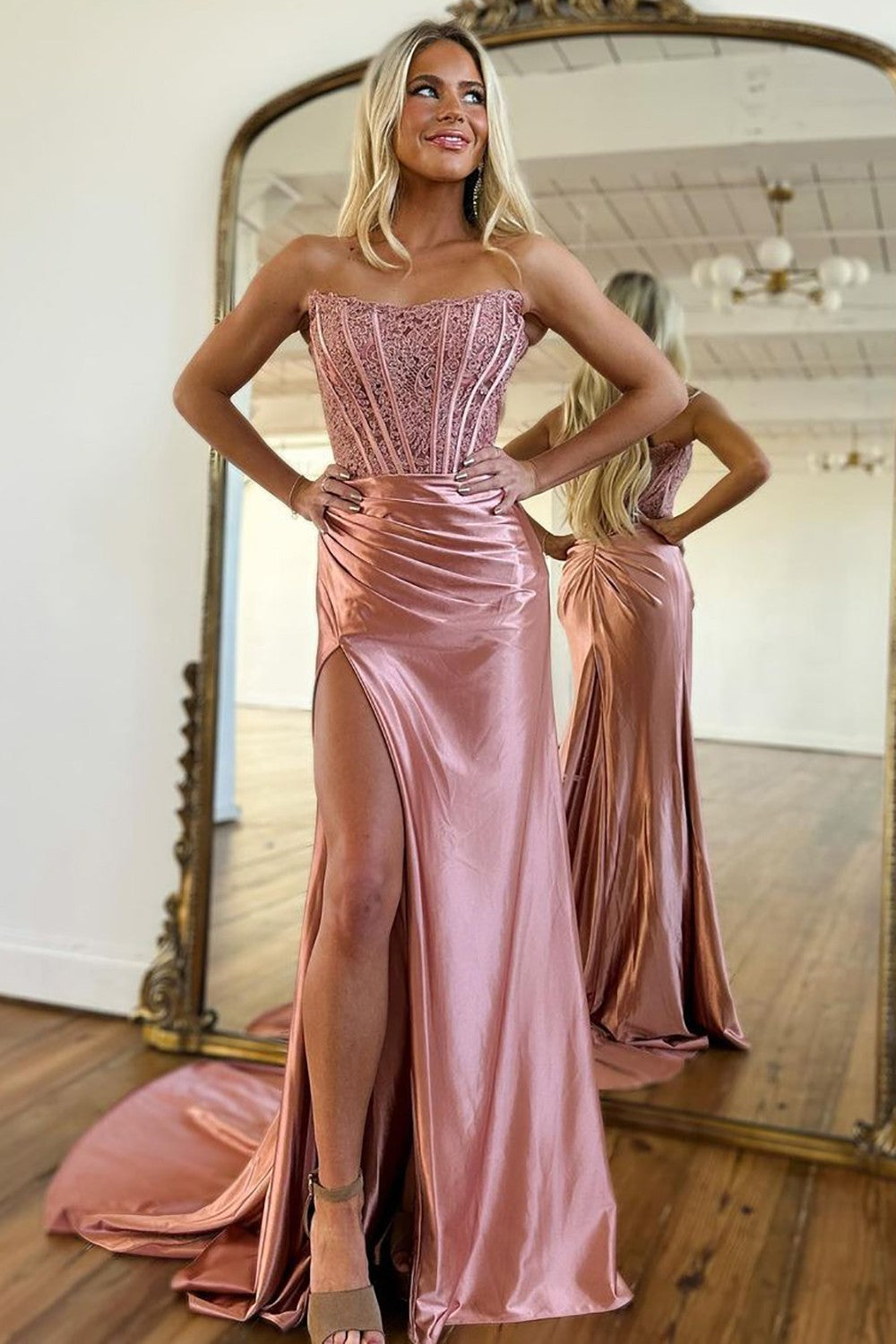 Mermaid Strapless Sweep Train Satin Prom Party Dress with Split