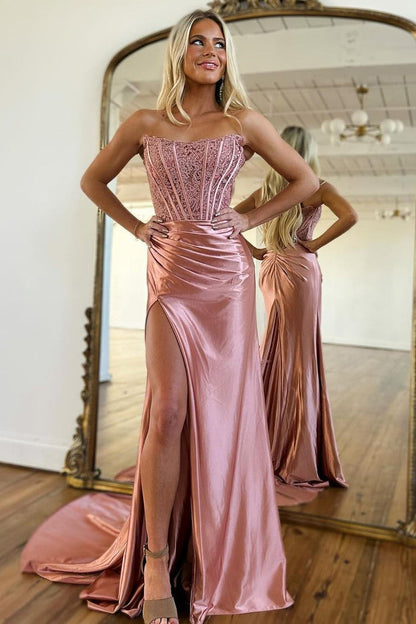Mermaid Strapless Sweep Train Satin Prom Party Dress with Split