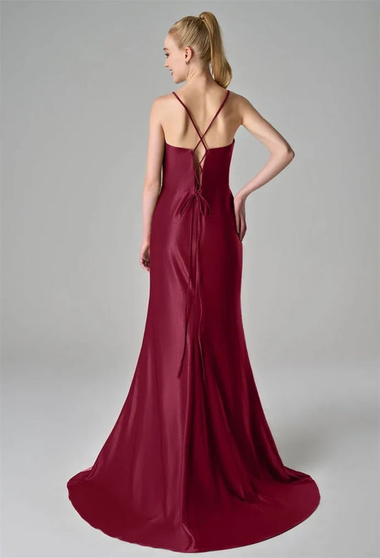 Elegant Mermaid V-Neck Floor Length Spaghetti Straps Prom Dresses Tulle Satin Sleeveless Cheap Glitter Evening Party Dresses
