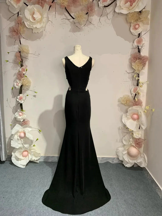 Mermaid V-Neck Straps Evening Dress in Premium Black Satin Lightly Flared Long Train Gown with Waist Cut-Out Prom Dress