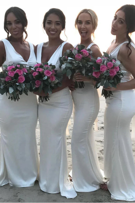 Mermaid V Neck Satin Long White Bridesmaid Dress/Formal Women's Dresses