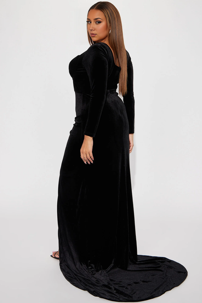 Mermaid Velvet Gown Black Long Sleeves Strapless Party Dress With Hight Side Slit With Train