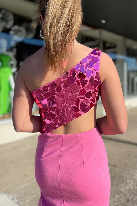 Mermaid One Shoulder Pink Cut Out Prom Dress With Split Front