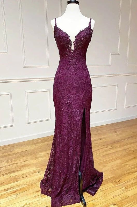 Mermaidtrumpet Spaghetti Straps Grape Lace Beaded Long Prom Dress Formal Evening Dress With Slit