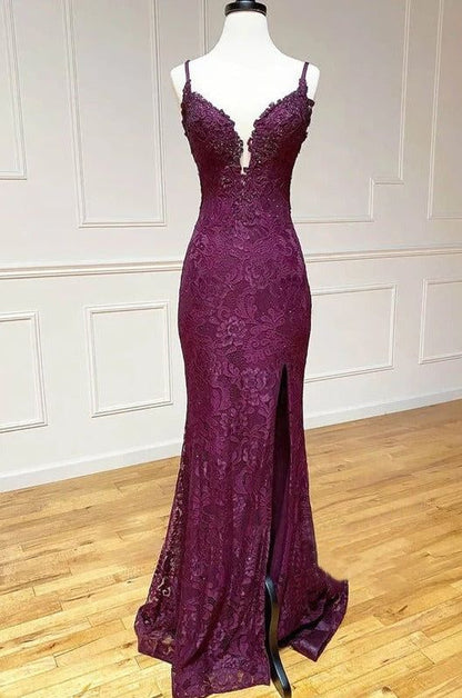 Mermaidtrumpet Spaghetti Straps Grape Lace Beaded Long Prom Dress Formal Evening Dress With Slit